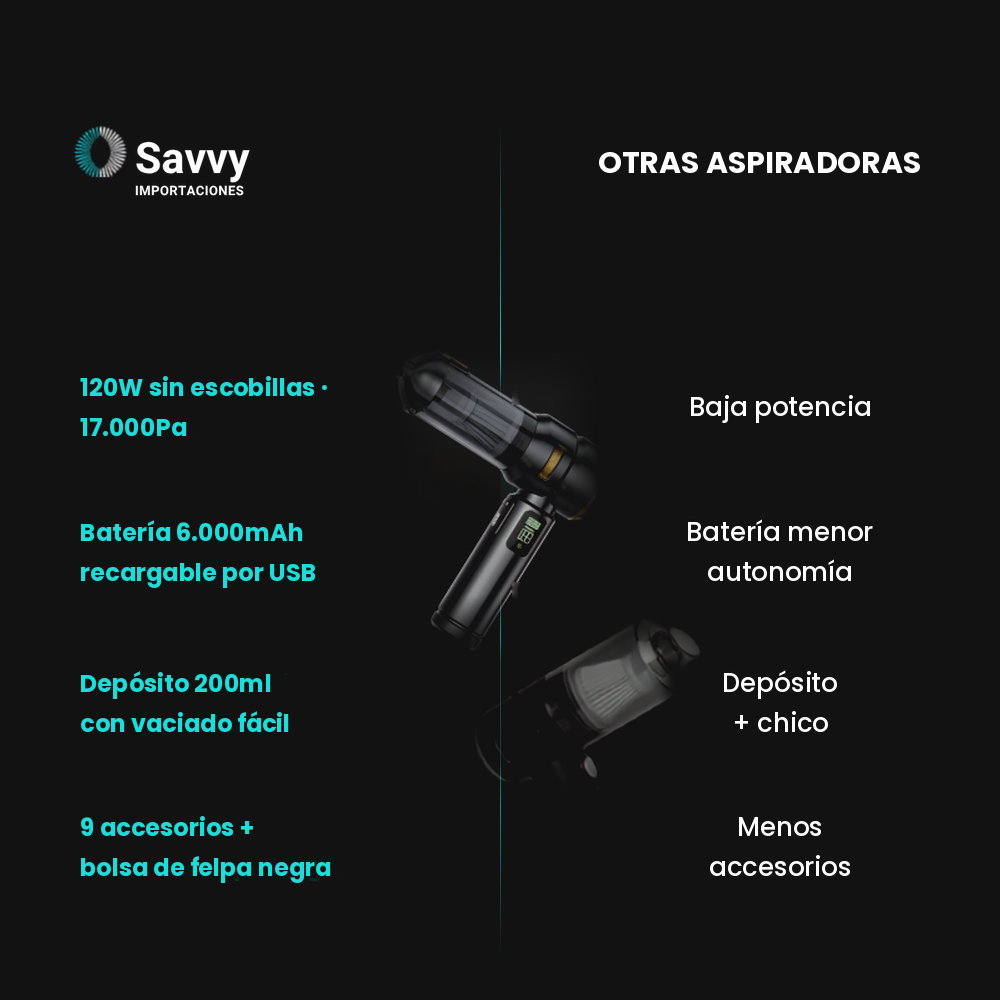 Aspiradora Inalámbrica Potente de SAVVY 4 en 1 · 9 Accesorios