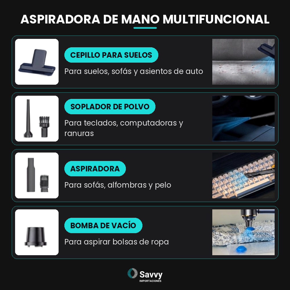 Aspiradora Inalámbrica Potente de SAVVY 4 en 1 · 9 Accesorios