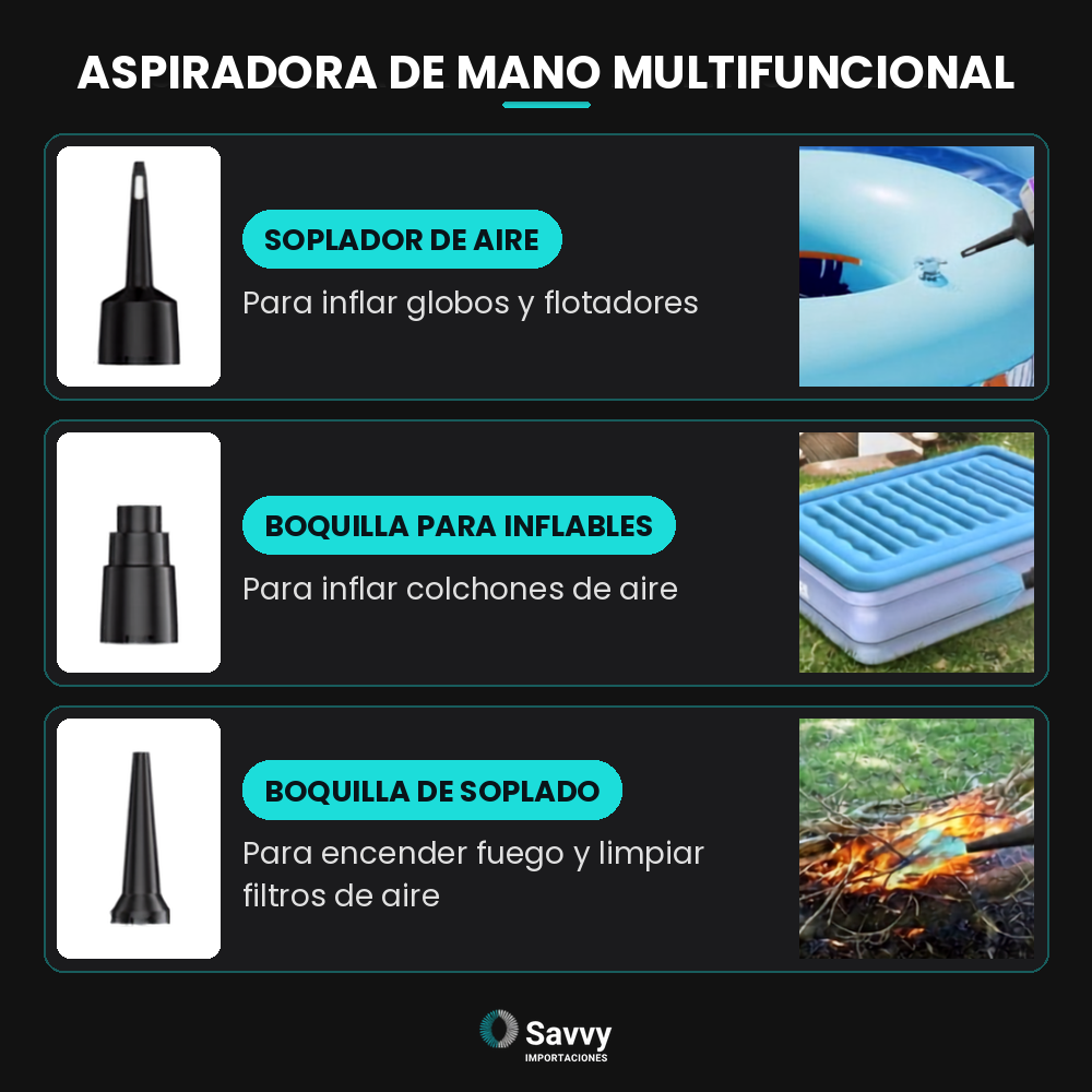 Aspiradora Inalámbrica Potente de SAVVY 4 en 1 · 9 Accesorios