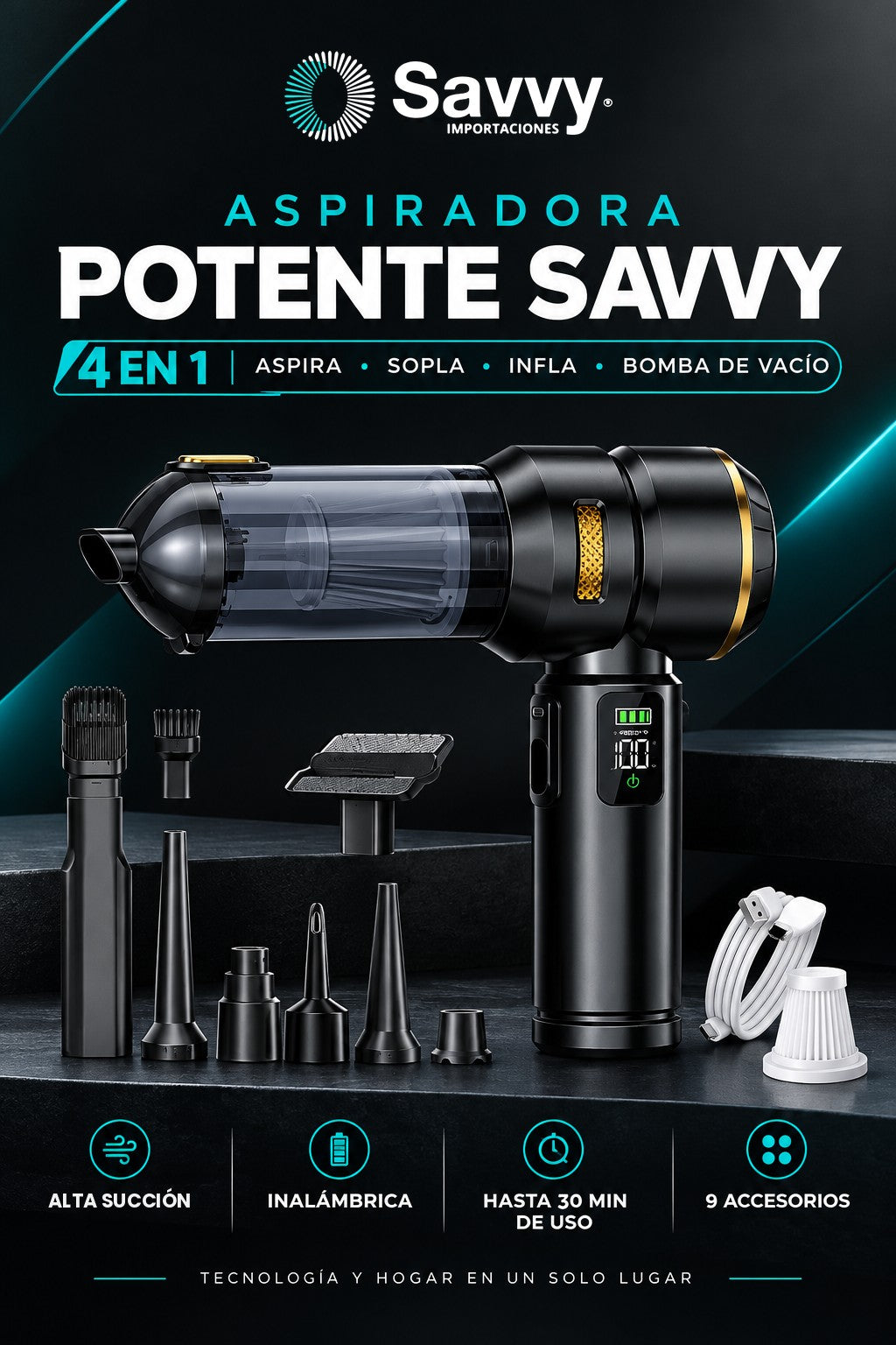 Aspiradora inal&aacute;mbrica potente SAVVY 4 en 1 con 9 accesorios