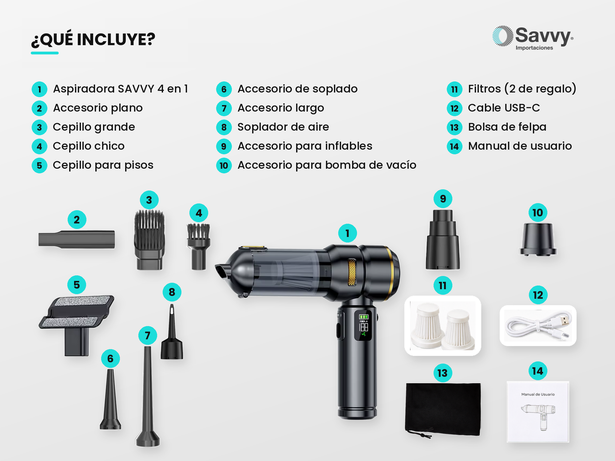 Qu&eacute; incluye la aspiradora SAVVY 4 en 1: accesorios numerados